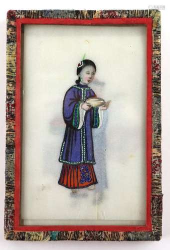 A small boxed set of nine pith or rice paper pictures; each one depicting a figure from Manchu