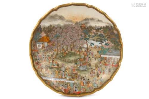 A SATSUMA DISH BY KINKOZAN. Meiji Period. Intricately painted with a large shidare sakura (weeping