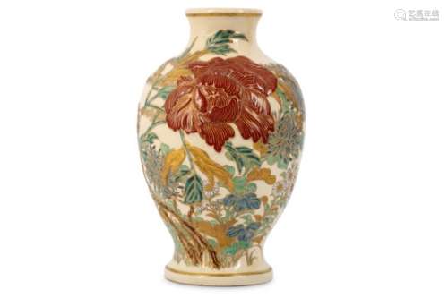 A SATSUMA VASE. Meiji period. Decorated with a large peony in thick moriage amongst chrysanthemums