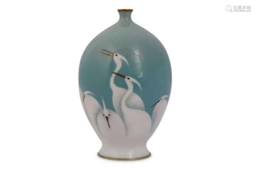 A CLOISONNE VASE WITH EGRETS. 19th/20th Century. Worked in musen (wireless) technique, with a