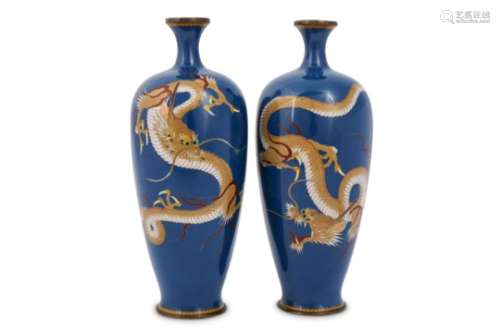 A PAIR OF CLOISONNE VASES. Meiji period. Worked in gilt wire, each with a coiled dragon against a
