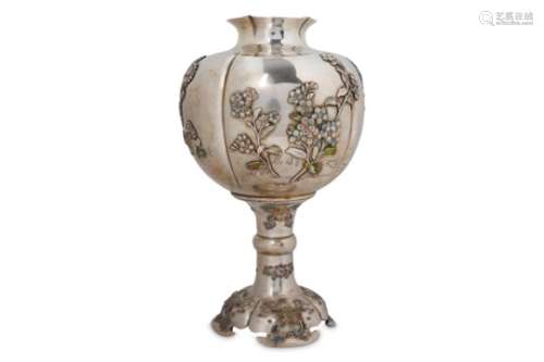 A SILVER AND ENAMELLED VASE. Meiji period. Of bulbous body raised on a stem and bracket feet,