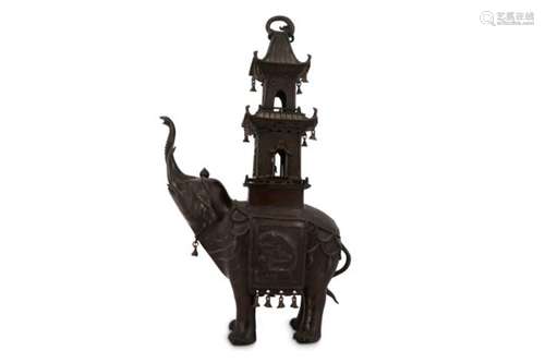 A BRONZE ‘ELEPHANT’ KORO. 19th Century. The caparisoned elephant standing with its trunk raised