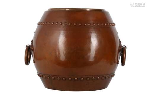 A LARGE COPPER HIBACHI. Showa period. Of a drum (taiko) form with two ring handles, the