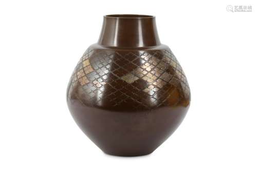 A BRONZE INLAID VASE BY MOTOYASU YUZO. 20th Century. Of globular form narrowing at neck, inlaid in