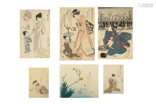 EIGHT WOODBLOCK PRINTS BY EISEN, EIZAN AND OTHERS. 19th Century. Including three oban bijin-ga