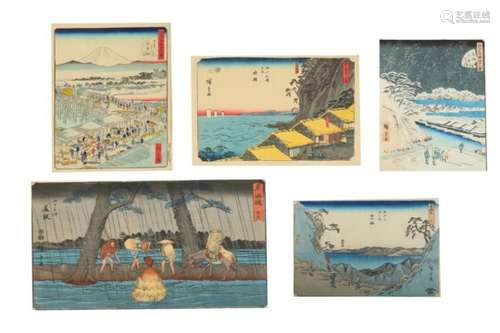 EIGHT WOODBLOCK PRINTS BY HIROSHIGE. 19th Century. Including two prints from the Upright Tokaido