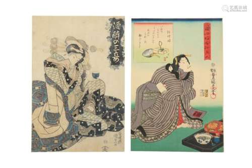 A GROUP OF WOODBLOCK PRINTS BY KUNISADA AND OTHERS. 19th Century. Oban prints, mainly kabuki-e,