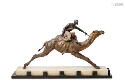 AN EARLY 20TH CENTURY FRENCH ART DECO PERIOD PATINATED SPELTER AND ALGERIAN ONYX MODEL OF A CAMEL RI