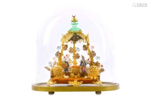 A GILT WHITE METAL DRESSING TABLE ORNAMENT WITH TURKISH PORCELAIN FIGURINES (TURQUERIE)