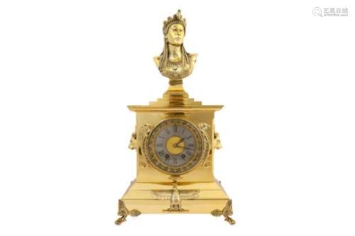 A LATE 19TH CENTURY FRENCH EGYPTIAN REVIVAL GILT, SILVERED AND LACQUERED BRONZE MANTEL CLOCK