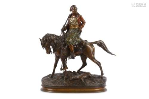 PIERRE JULES MENE: A RARE PATINATED AND COLD PAINTED BRONZE FIGURAL GROUP 'ARABE A CHEVAL'