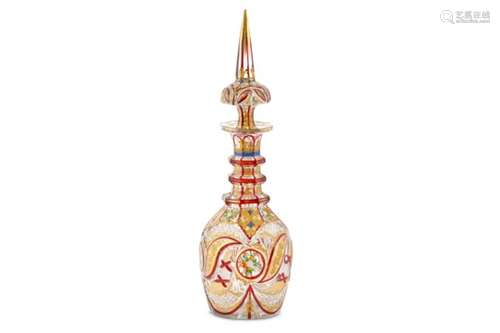 A RED AND GILT BOHEMIA CUT-GLASS SPIRIT DECANTER FOR THE IRANIAN MARKET