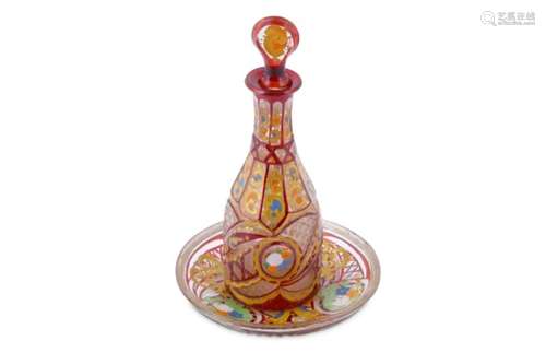 A SMALL RED AND GILT BOHEMIA CUT-GLASS SPIRIT BOTTLE WITH SAUCER FOR THE IRANIAN MARKET