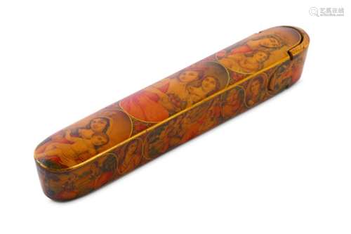 *A QAJAR LACQUERED PAPIER-MÂCHÉ PEN CASE WITH CHRISTIAN SCENES (QALAMDAN)