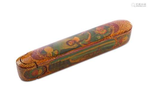 *A LACQUERED PAPIER-MÂCHÉ PEN CASE WITH A EUROPEAN LADY'S PORTRAIT (QALAMDAN)