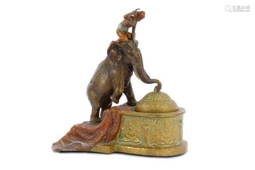 FRANZ XAVER BERGMAN (AUSTRIAN, 1861-1936): A FINE COLD PAINTED BRONZE INKWELL MODELLED AS AN ELEPHAN