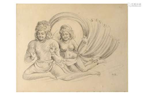 A PENCIL DRAWING OF A FLYING GANDHARVA WITH AN APSARA