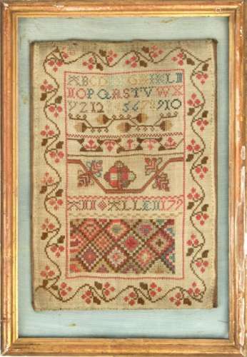 Property of a lady - a late 18th century sampler, mounted in a later glazed gilt frame, 14.75 by