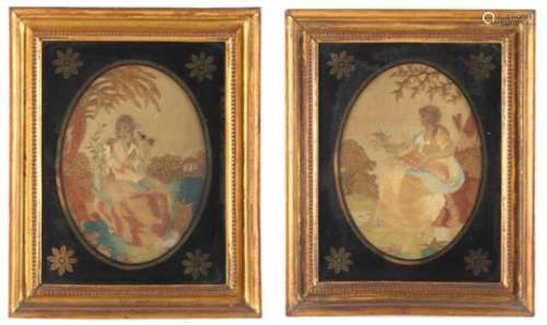 Property of a deceased estate - a pair of 19th century silkwork pictures depicting maidens in