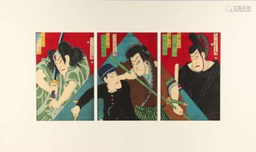 Morikawa Chikashige (fl.1869-1882) - THE KABUKI ACTORS ICHIKAWA DANJURO, NAKAMURA SHIKAN, AND ONOE