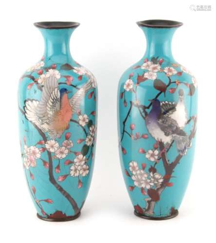 Property of a lady - a pair of late 19th / early 20th century Japanese blue ground cloisonne vases