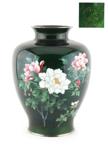 Property of a lady - a Japanese cloisonne green ground vase decorated with peonies, Ando Jubei