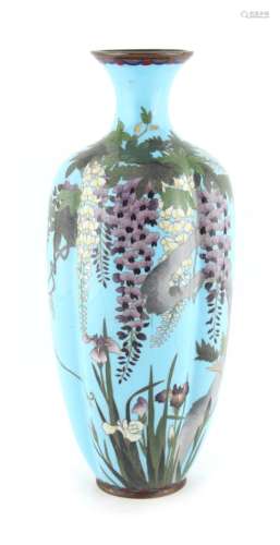 Property of a lady - a Japanese cloisonne pale blue ground vase, of lobed form, Meiji period (1868-
