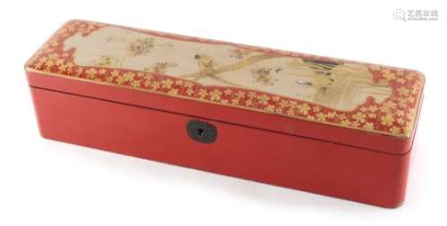 Property of a lady - a late 19th / early 20th century Japanese red lacquer fan or glove box, 14.