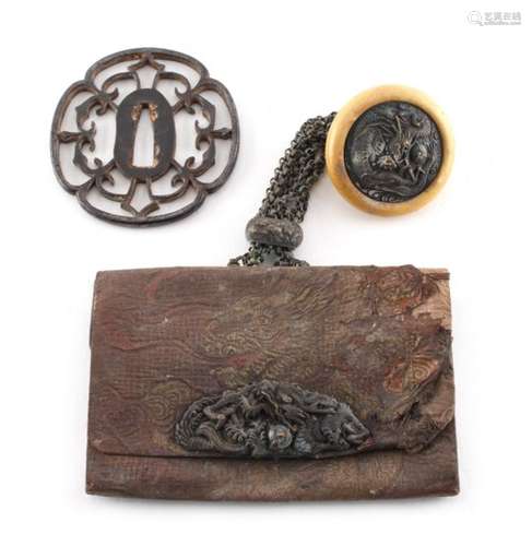 Property of a lady - a late 19th / early 20th century Japanese leather tobacco pouch, with