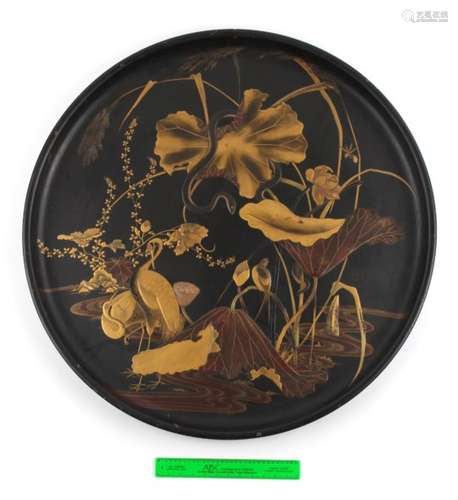 Property of a gentleman - a very large Japanese black lacquer circular tray, 19th century, decorated