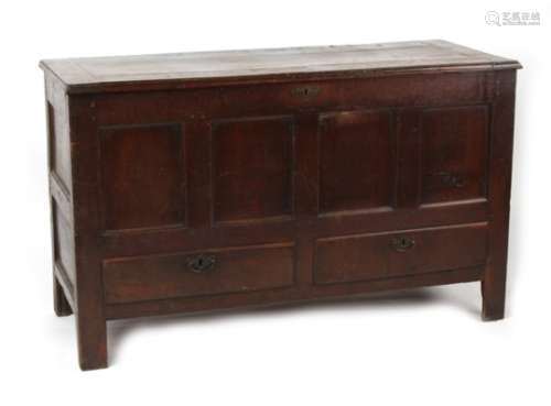 Property of a gentleman - an 18th century oak mule or marriage chest, with hinged top above two