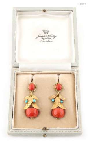 An attractive pair of yellow metal coral & turquoise leaf & berry pendant earrings, marked COC