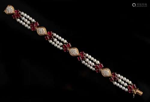 Van Cleef & Arpels - a fine 18ct yellow gold ruby, diamond & pearl bracelet by Van Cleef & Arpels,