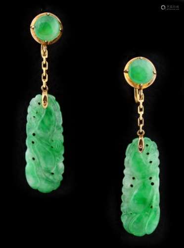 A pair of Chinese 14ct yellow gold & carved certificated untreated jadeite pendant earrings, each