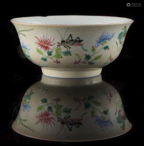 Property of a lady - a Chinese famille rose cricket bowl, painted with crickets & flowers on a