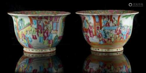 Property of a lady - a pair of 19th century Chinese Canton famille rose planters, each 10.75ins. (
