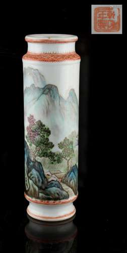 A Chinese famille rose cylindrical vase, mid 20th century, painted with a continuous mountain lake