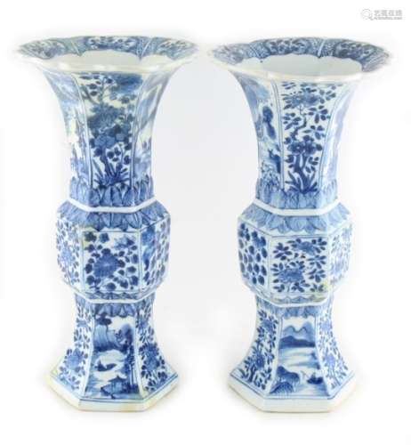 Property of a lady - a pair of Chinese blue & white hexagonal gu vases, Kangxi period (1662-1722),