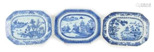 Property of a lady - three 18th century Chinese Qianlong period blue & white exportware meat plates,