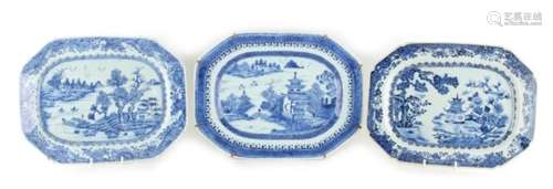 Property of a lady - three 18th century Chinese Qianlong period blue & white exportware meat plates,