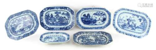 Property of a lady - six 18th century Chinese Qianlong period blue & white exportware meat plates,