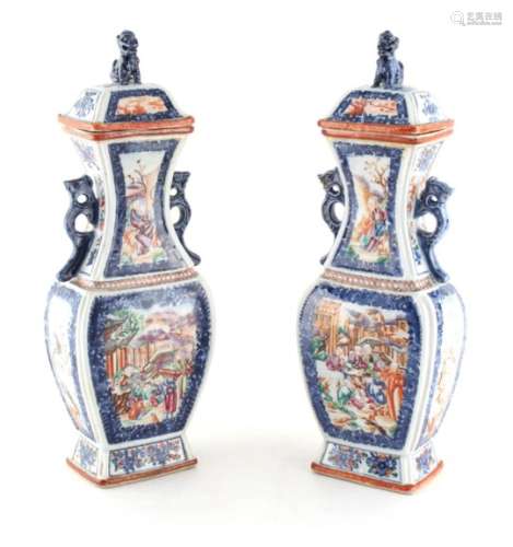 A pair of 18th century Chinese famille rose mandarin pattern rectangular baluster vases & covers,