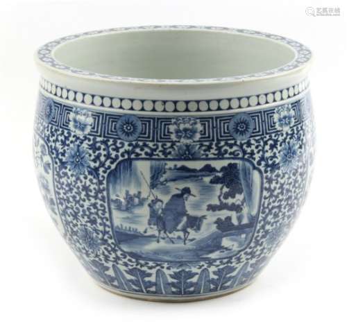 Property of a lady - a large early 19th century Chinese blue & white fish bowl planter, painted with