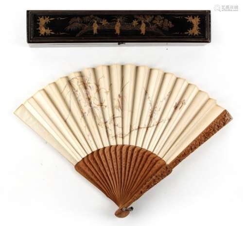 A 19th century Chinese carved sandalwood & embroidered silk fan depicting a bird, butterflies &