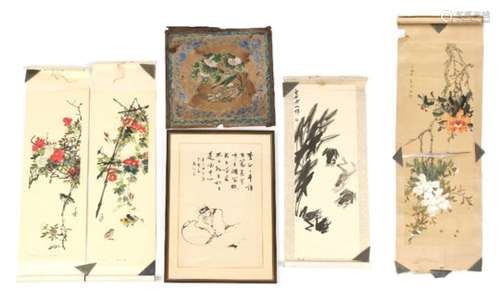 Property of a gentleman - a Chinese scroll painting on silk depicting bees & flowers, mid / late