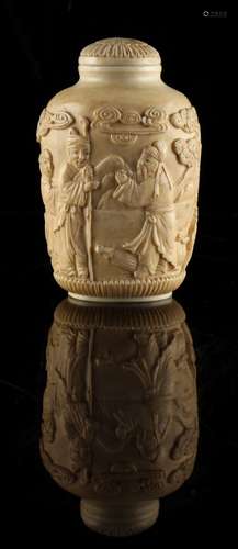 Property of a lady - a large Chinese ivory snuff bottle, late 19th century, carved in relief with