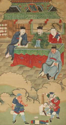 A Chinese scroll painting on silk depicting a court scene, 19th century or earlier, the painting