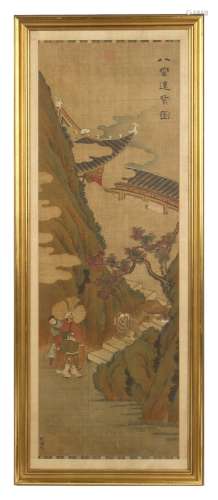 A 19th century Chinese painting on silk depicting a foreigner presenting a lion to a dignitary, with