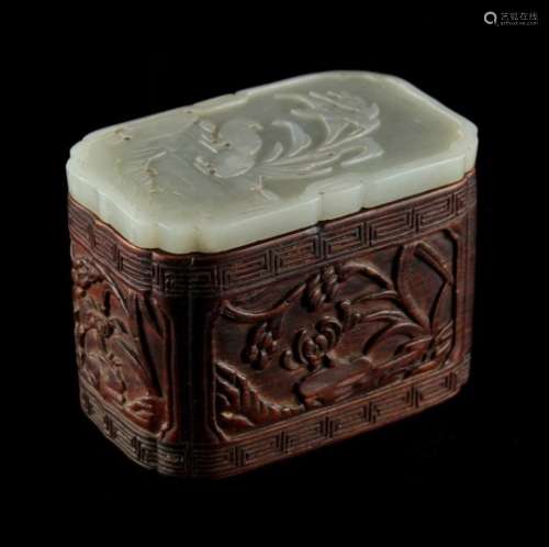 A Chinese carved hongmu rectangular ink box with very pale celadon jade cover carved with two quails